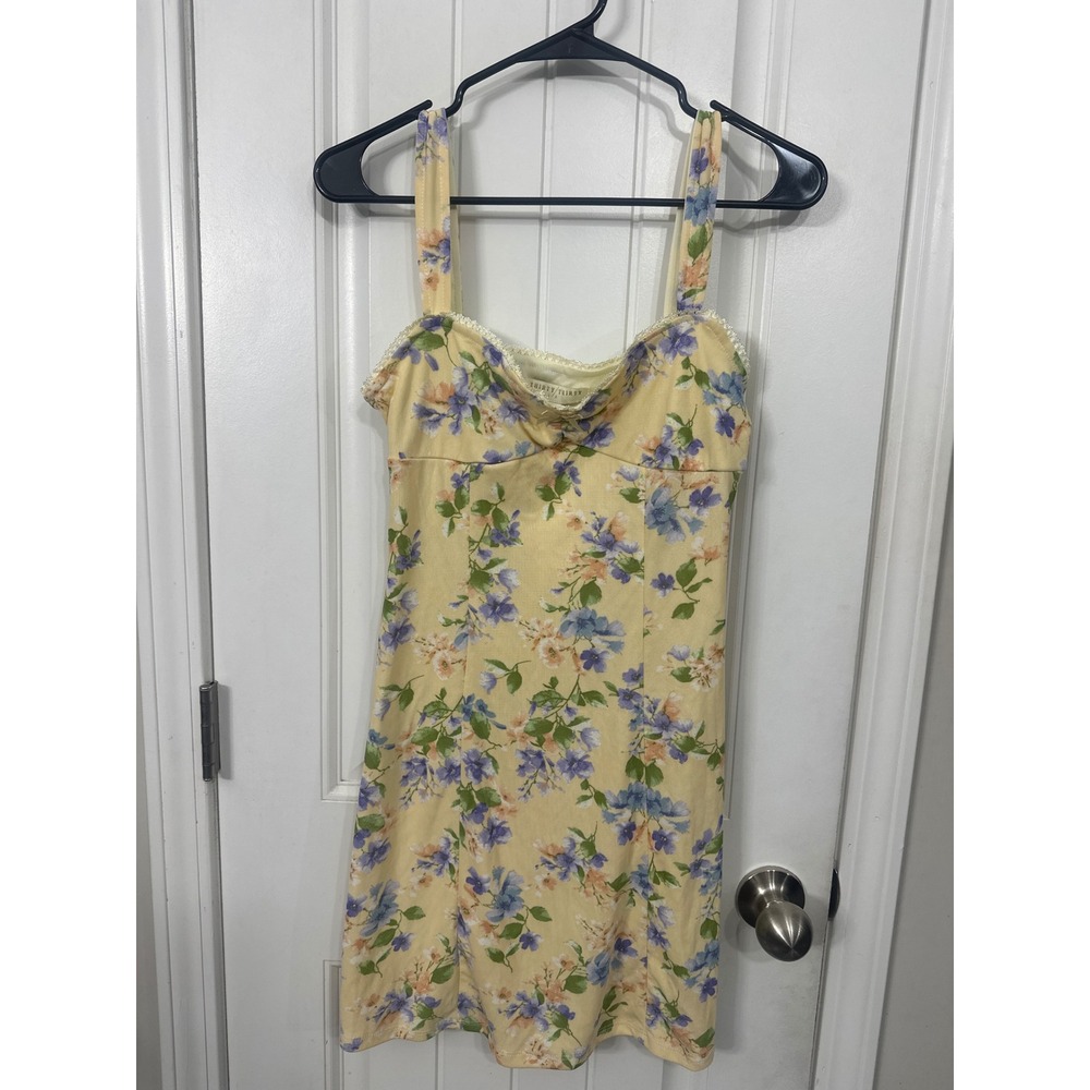 Thirty Thirty LA Yellow Floral Lace Trim Mini Dress Sweetheart Neckline Size M